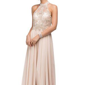 NWT Dancing Queen 9293 Chiffon Prom Dress Champagne Size S